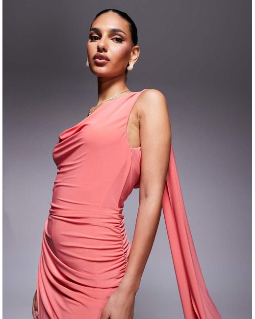 ASOS Red Asymmetric Slinky Ruched Maxi Dress With Sheer Skirt