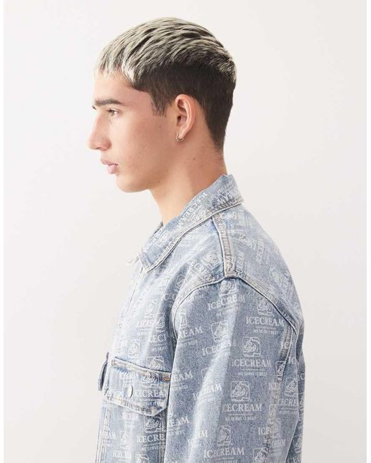 Chaqueta Vaquera De Estilo Camionero Con Lavado Y Estampado Integral De Perro Corriendo De Ice Cream (Parte De Un Conjunto) ICECREAM de hombre de color Blue