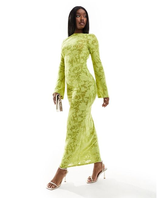 ASOS Green Low Back Sheer Burnout Mesh Maxi Dress With Angel Sleeves