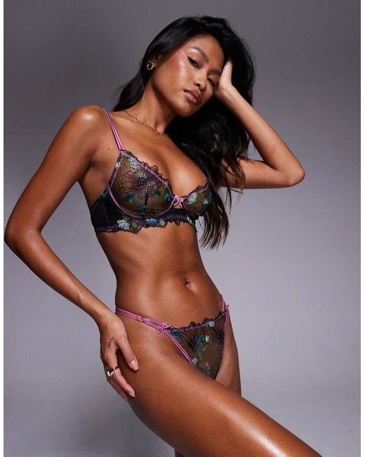ASOS Brown Jamie Floral Embroidered Tanga Thong With Satin Binding