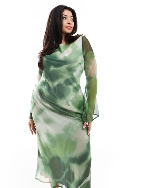ASOS Green Asos Design Curve Chiffon Long Sleeve Midi Dress