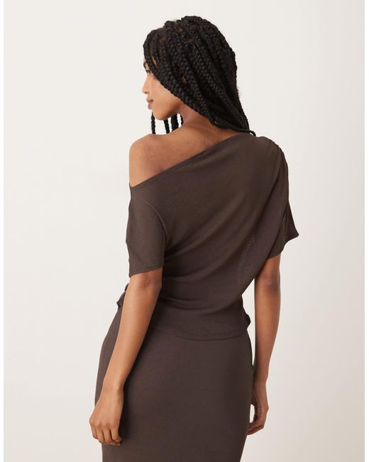ASOS Brown Mesh Semi Sheer Ruched Off Shoulder Top
