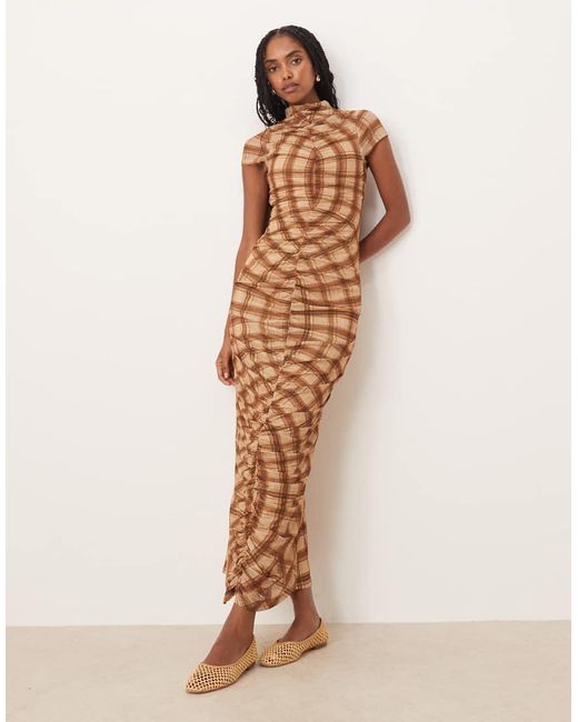 ASOS Natural Mesh Short Sleeve Ruched Midi