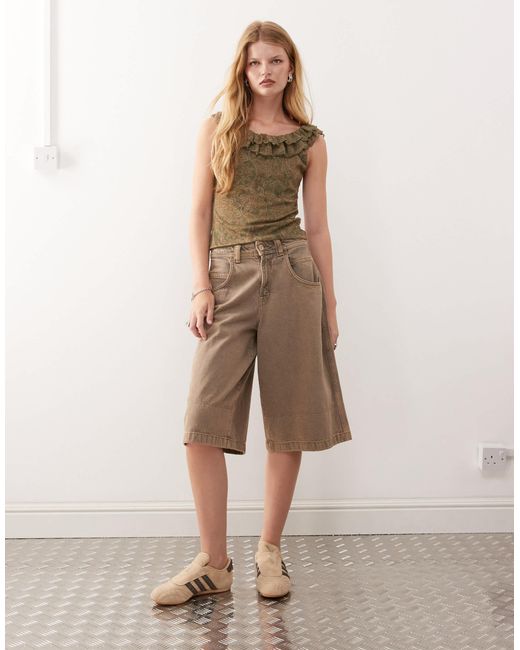 Reclaimed (vintage) Brown Ruffle Detail Mesh Paisley Print Top