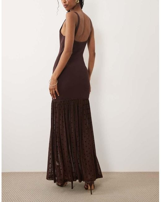 Pretty Lavish Brown Rebecca Knitted Slash Neck Sheer Drop Hem Maxi Dress
