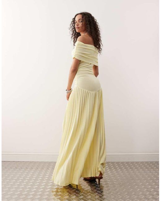 Lioness Natural Field Of Dreams Foldover Bardot Ruched Drop Waist Pleated Maxi Dress
