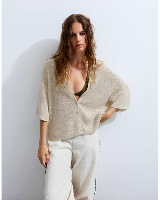 Pull&Bear White Short Sleeve Buttoned Cardigan