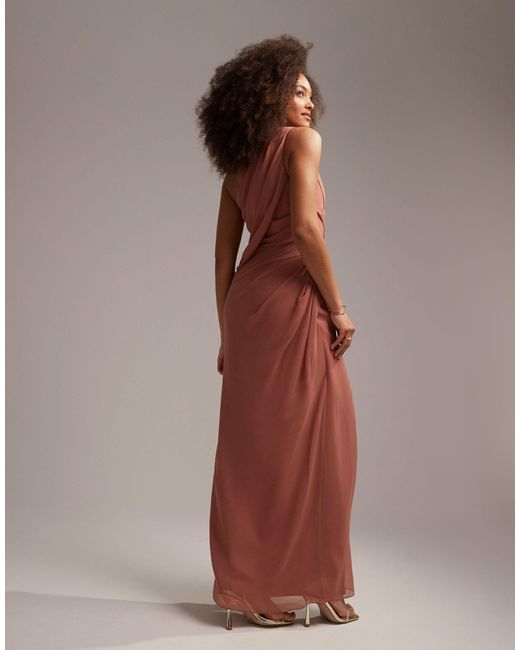 ASOS Brown Bridesmaids One Shoulder Draped Maxi Dress With Split