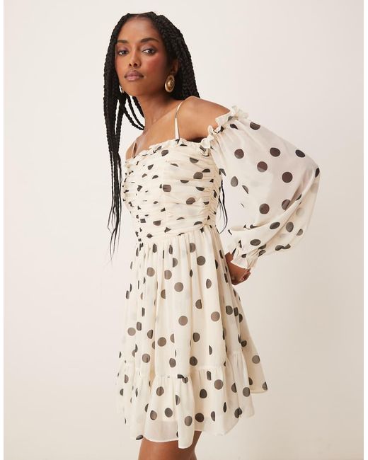 ANAYA Natural Polka Dot Bardot Long Sleeve Mini Dress