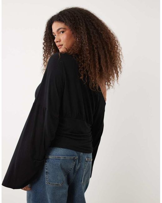 ASOS Black Asos Design Curve Fallen Shoulder Cinched Waist Top