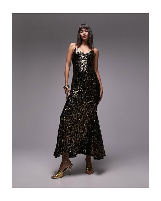 TOPSHOP Black Animal Sequin Maxi Dress