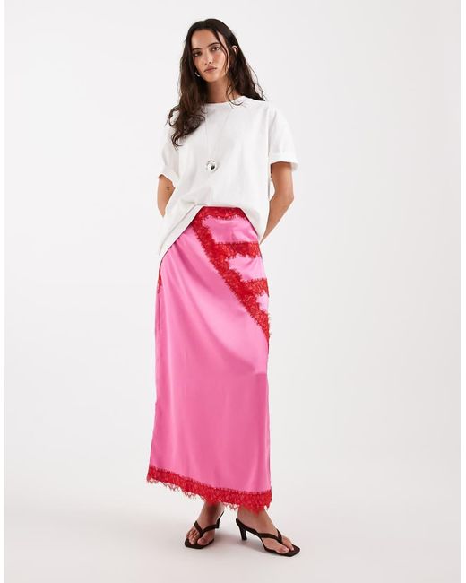 Never Fully Dressed Pink Lace Trim Satin Maxi Skirt Co-Ord