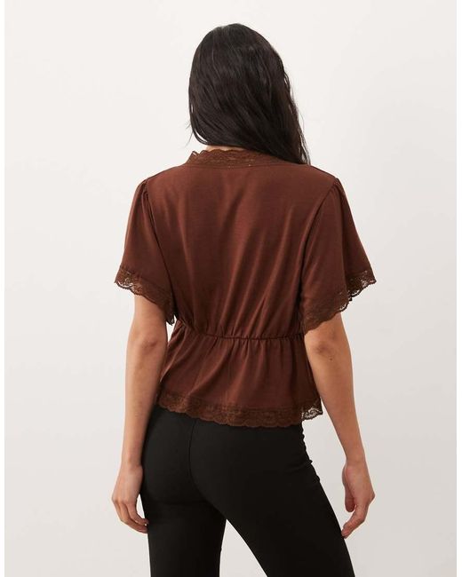 Miss Selfridge Brown Button Through Tea Top With Lace Trim