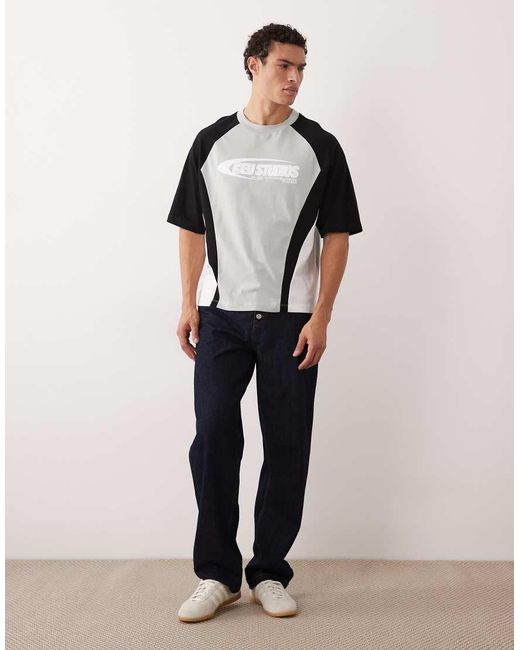 ASOS Gray Boxy Oversized T-shirt With Cut And Sew Paneling And Athletic Graphics for men