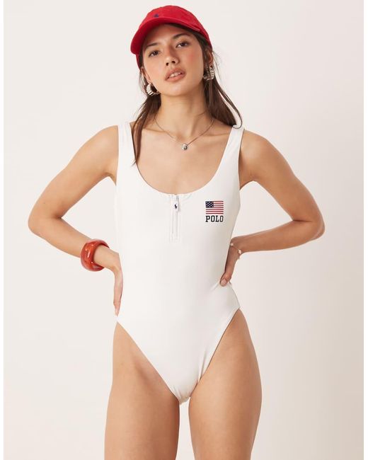 Polo Ralph Lauren Natural Americana Zipper Scoop Tank Swimsuit