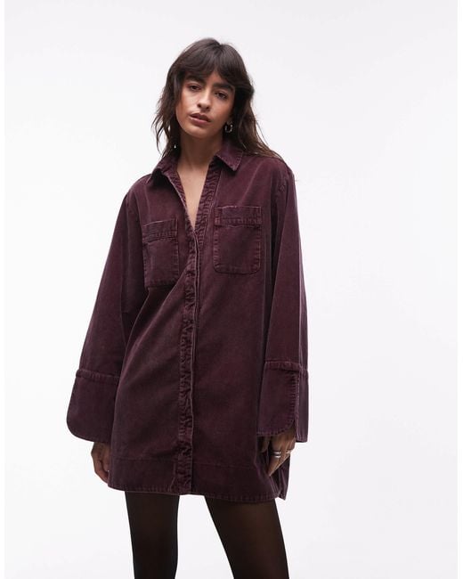 ASOS Red Cord Mini Shirt Dress With Wide Cuffs And Oversized Pockets