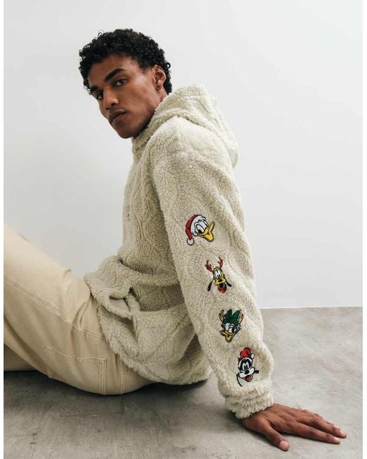ASOS Natural Disney Relaxed Borg Hoodie With Christmas Mickey Mouse Print for men