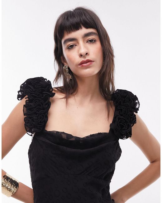 TOPSHOP Black Premium Slip Maxi Dress With 3d Ruffle Sleeve
