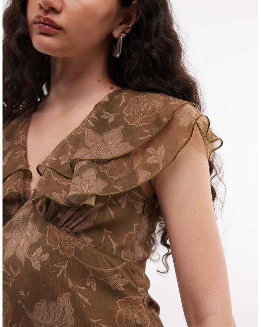 Reclaimed Vintage Brown Chiffon Mini Tea Dress With Flutter Sleeve