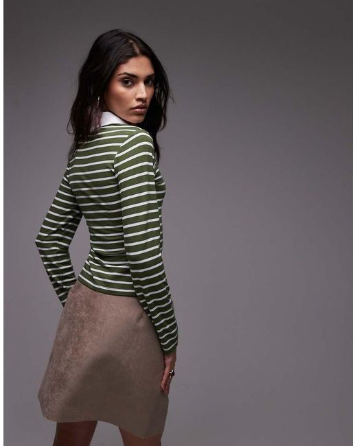 Top Stile Rugby Attillato A Maniche Lunghe Oliva A Righe di TOPSHOP in Green