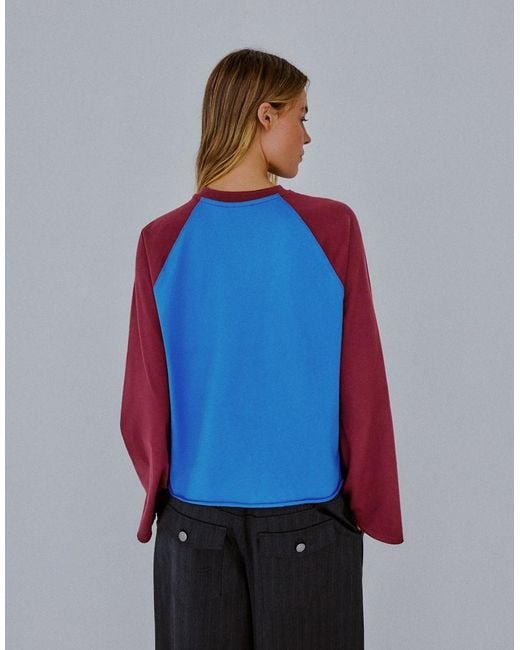 Bershka Blue Long-Sleeve Contrast Print Raglan T-Shirt