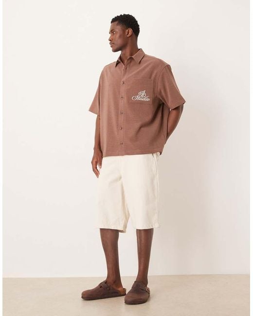 ASOS Brown Oversized Textured Shirt With Chest Embroidery for men