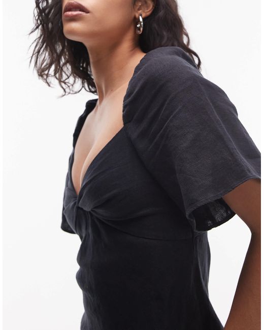 & Other Stories Black Linen Puff Sleeve Midaxi Dress With Twist Sweetheart Neckline