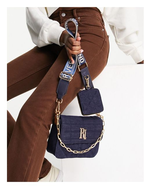 River Island Blue Quilted Denim Double Cross Body Bag
