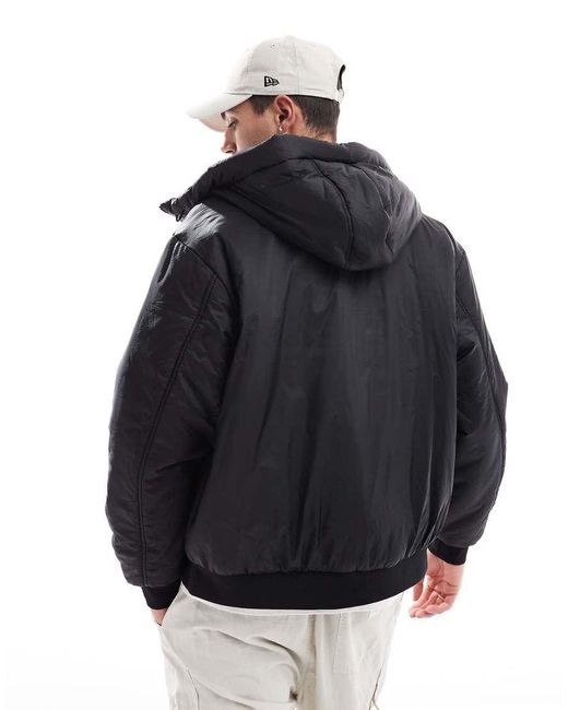 Pull&Bear Black Padded Ripstop Hooded Jacket for men