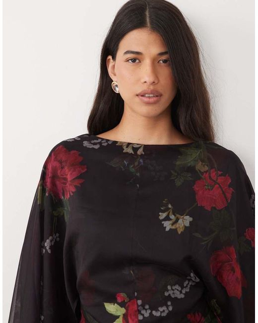 ASOS Multicolor Long Angel Sleeve Maxi Dress With Ruched Waist