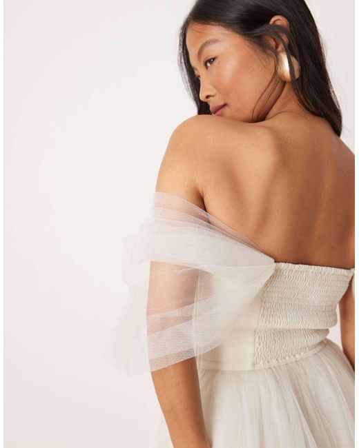 LACE & BEADS Natural Off Shoulder Tulle Mini Dress