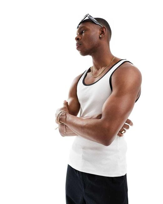 ASOS White Muscle Fit Rib Vest With Contrast Binding for men