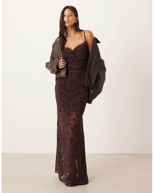 ASOS Brown Flocked Floral Cami Cowl Neck Maxi Dress