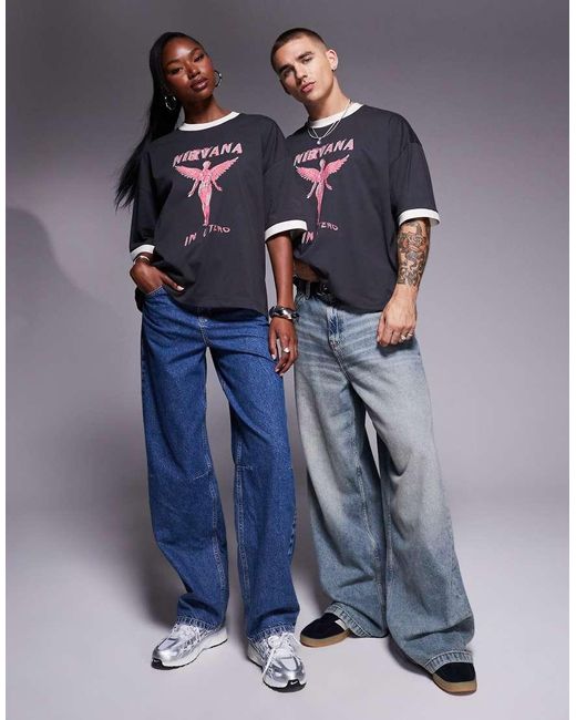 T-Shirt Squadrata Oversize Antracite Con Stampa "Nirvana" Sul Davanti E Profili A Contrasto di ASOS in Blue