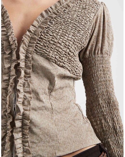 Daisy Street Natural Ruffle Shirred Fitted Long Sleeve Shirt