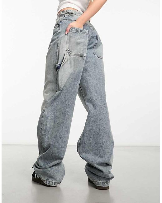 Bershka Blue Adjustable Waist Carpenter Jeans
