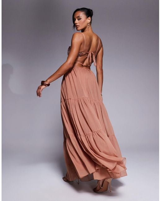 ASOS Beaded Embellished Bust Maxi Dress With Open Back in Brown | Lyst