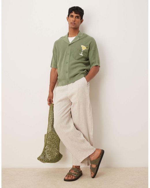ASOS Green Relaxed Boxy Fit Knitted Button Through Polo With Margarita Embroidery for men