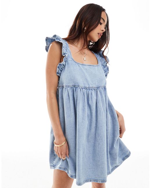 ASOS Blue Soft Denim Smock Mini Dress With Bow Back