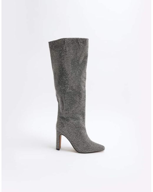 River Island Gray Heatseal Knee High Heeled Boot