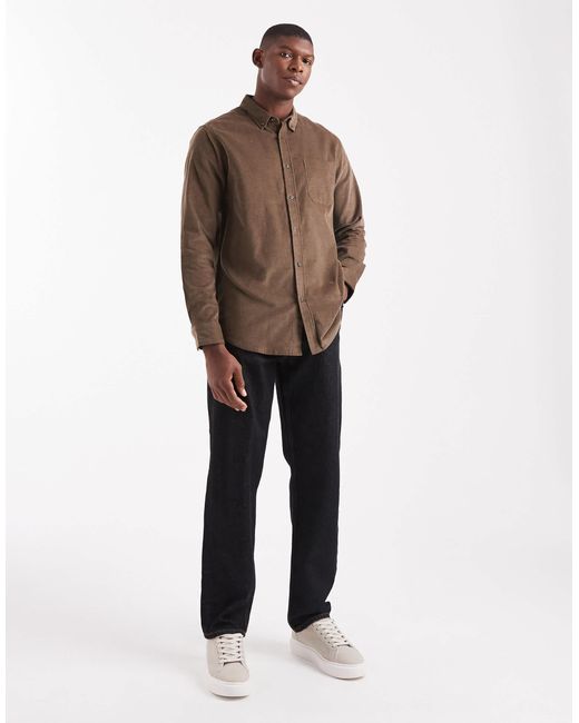 Threadbare Brown Fine Cord Button Down Shirt for men