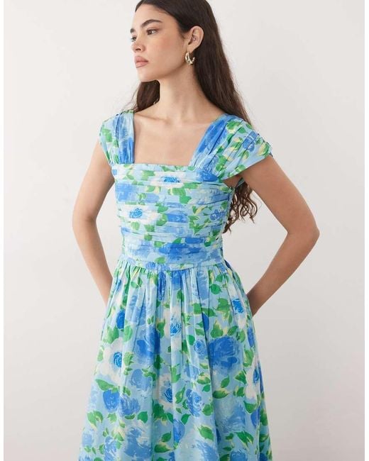 Nobody's Child Blue Mika Cotton Square Neck Sleeveless Ruched Detail Maxi Dress
