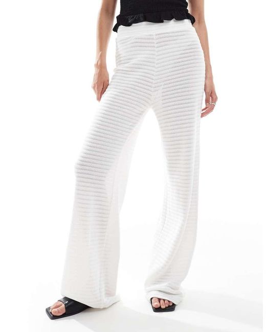 Pieces White Mix And Match Self Stripe Knitted Wide Leg Trouser
