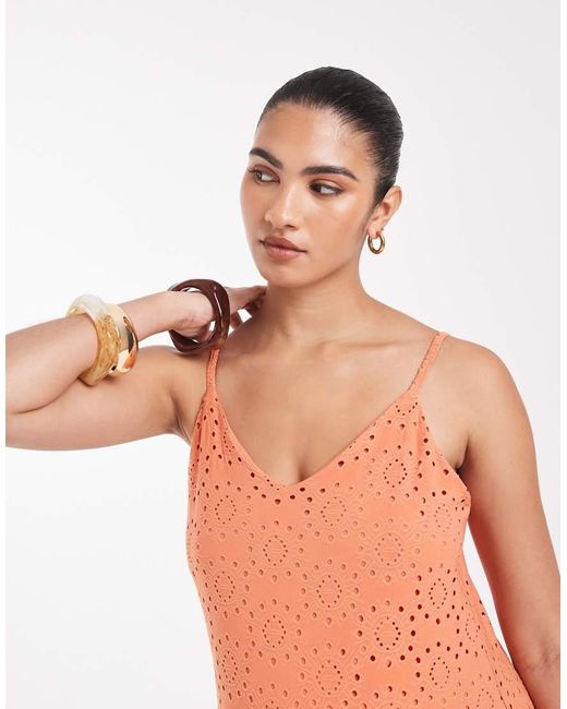 Vero Moda Orange Jersey Floral Broderie Cami Midi Dress