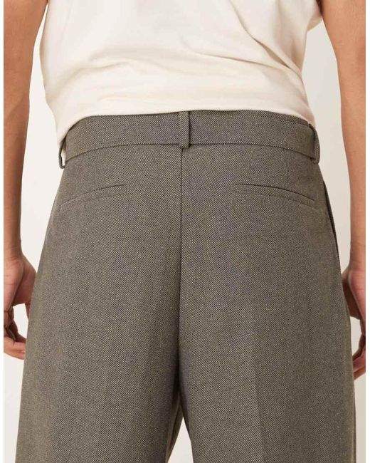 ASOS Nette Geplooide Broek Van Wolmix Met Wijde Pijpen, Riemdetail En Visgraatmotief in het Gray voor heren
