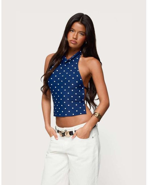 Edikted Blue Raiya Polka Dot Backless Halter Top