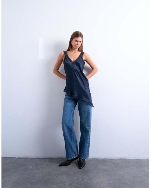 TOPSHOP Blue Satin Lace Insert Tunic Top