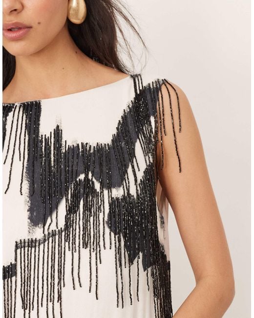 ARRANGE Natural Fringe Embellished Minimal Column Midi Dress