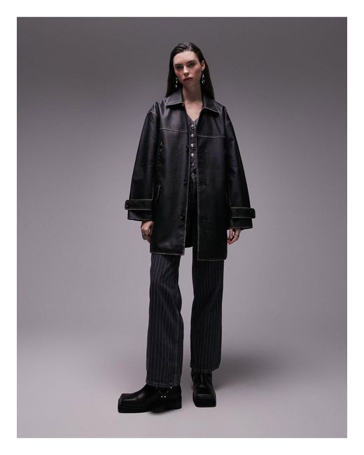 Manteau mi-long en similicuir - délavé TOPSHOP en coloris Black