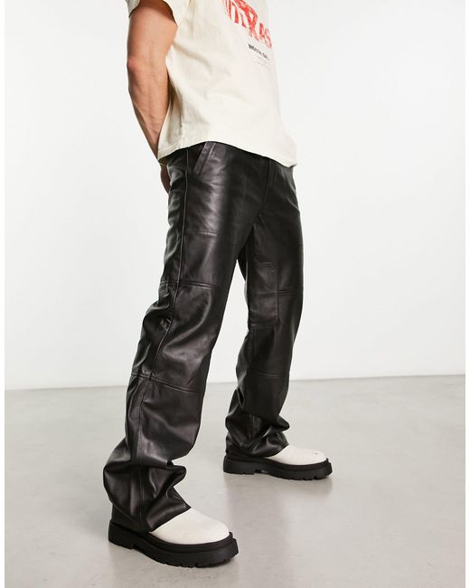 Muubaa Black High Rise baggy Leather Trousers With Adjustable Tab Fasteners for men